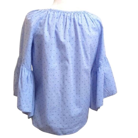 Boho Blue Bell Sleeve Smocked Flocked Blouse Sz S/P - Picture 2 of 7